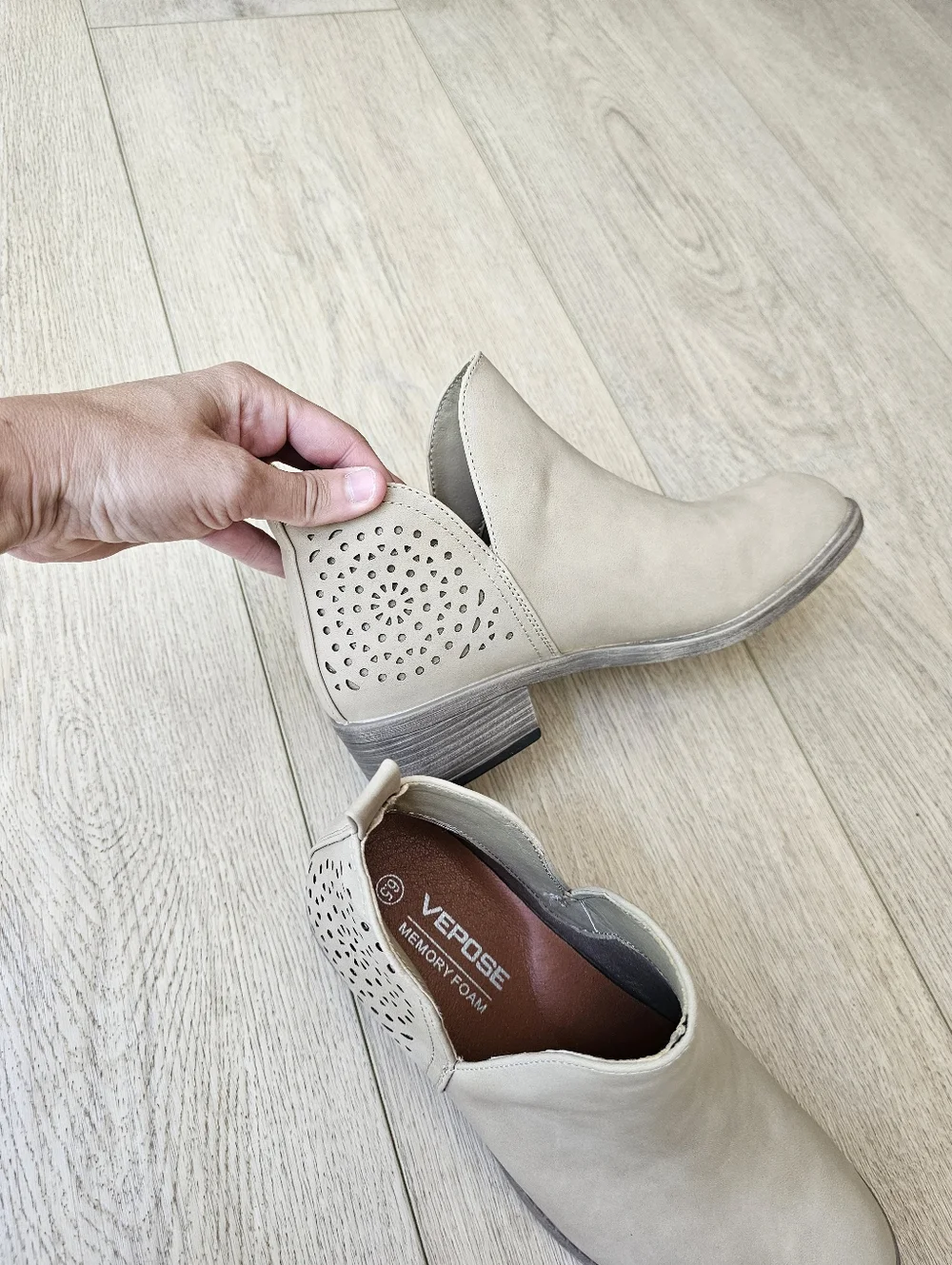 Vepose Perforated Light Tan Chunky Cutout Ankle Slip On Booties